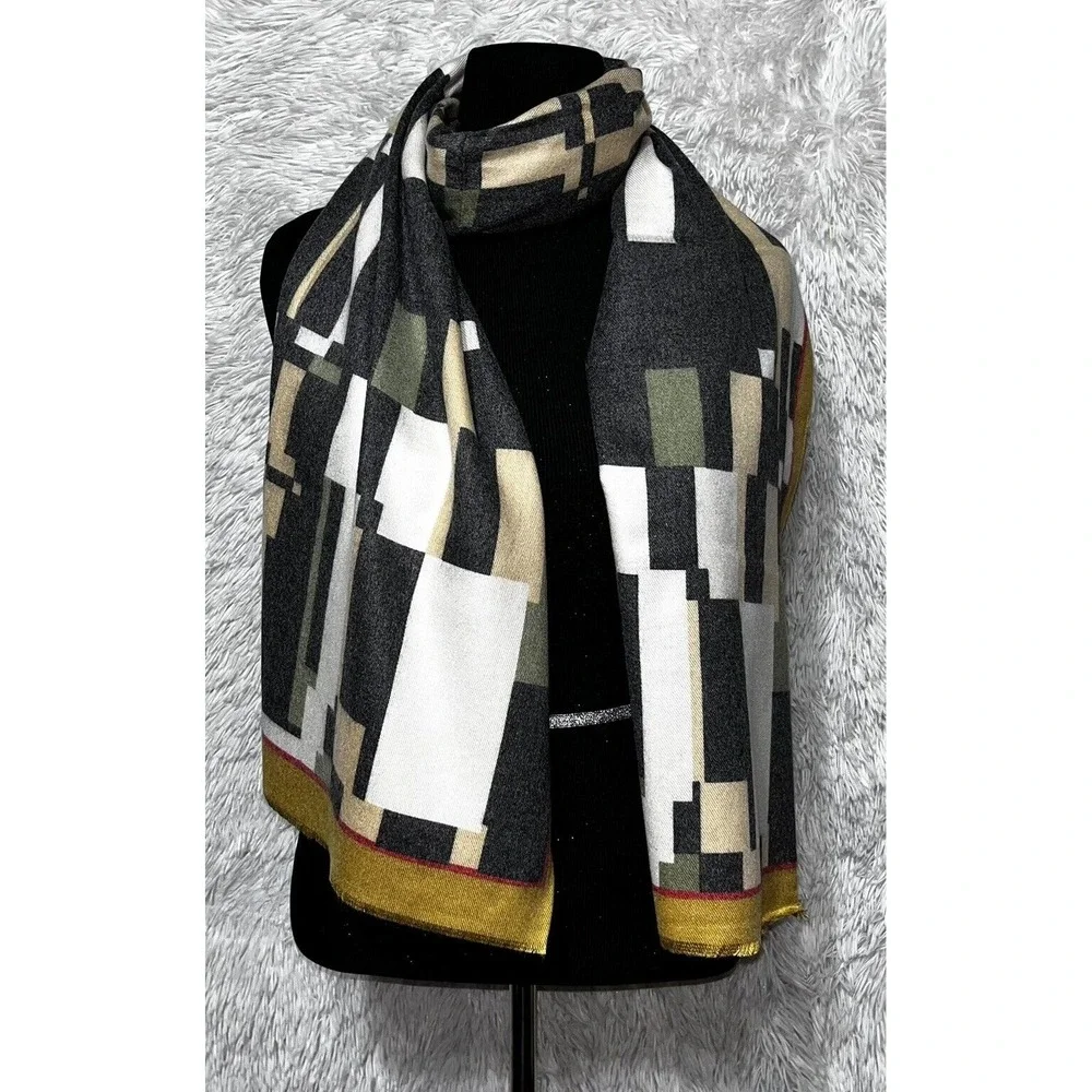 Women Geometric Scarf  30x72‎ Brown, Gray, Red Wrap Preppy Fashionista